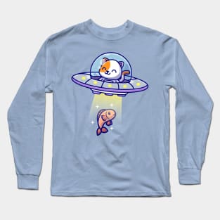 Cute Cat Catching Fish With Ufo Cartoon Long Sleeve T-Shirt